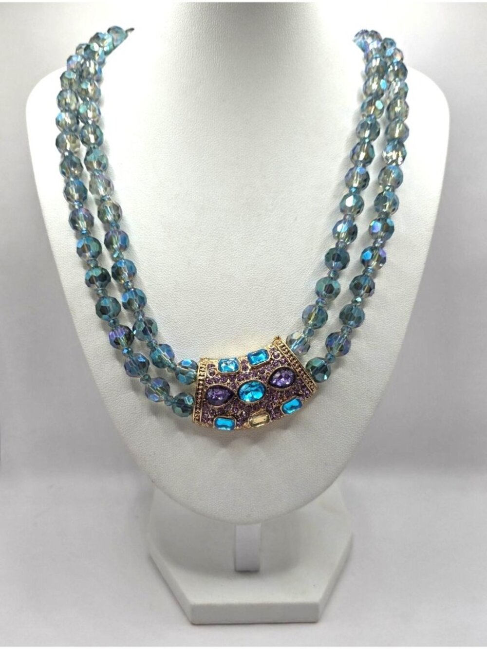 Three-Strand Crystal Beaded Necklace With Gold-Tone Purple & Blue Gemstone Embel